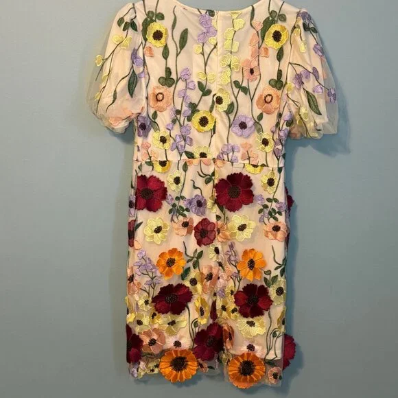 Anewsta Embroidered Floral Applique Mini Dress - Ivory Multi - Size Large - Picture 4 of 10
